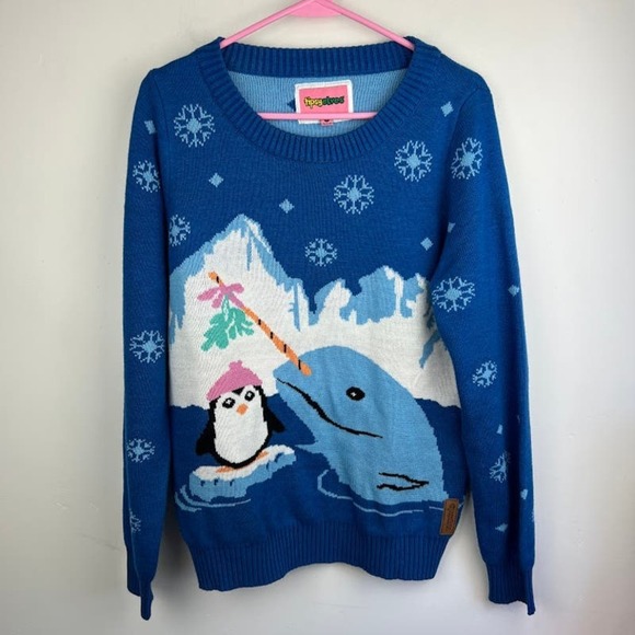 Tipsy Elves Narwhal Penguin Blue Ugly Mistle Toe Christmas Sweater size Medium - Picture 2 of 9